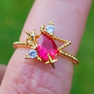 Ruby Red Celestial Star Diamond Gold Ring Size 6
